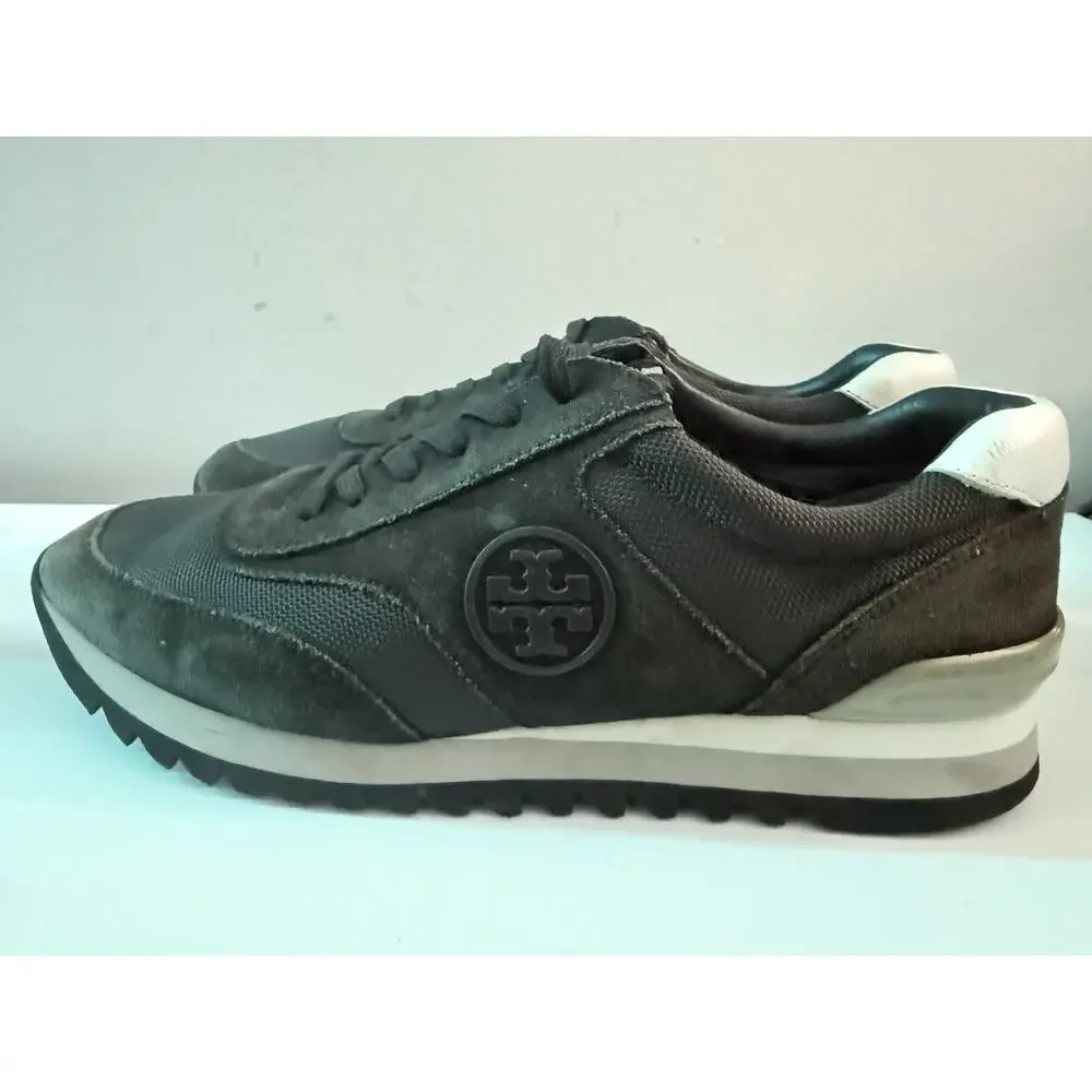 Tory Burch Women’s Sawtooth Logo Sneakers Black Suede Lace-Up Size 9